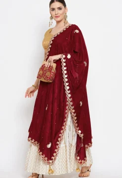 Embroidered Velvet Dupatta in Maroon