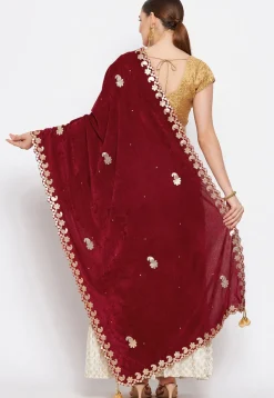 Embroidered Velvet Dupatta in Maroon