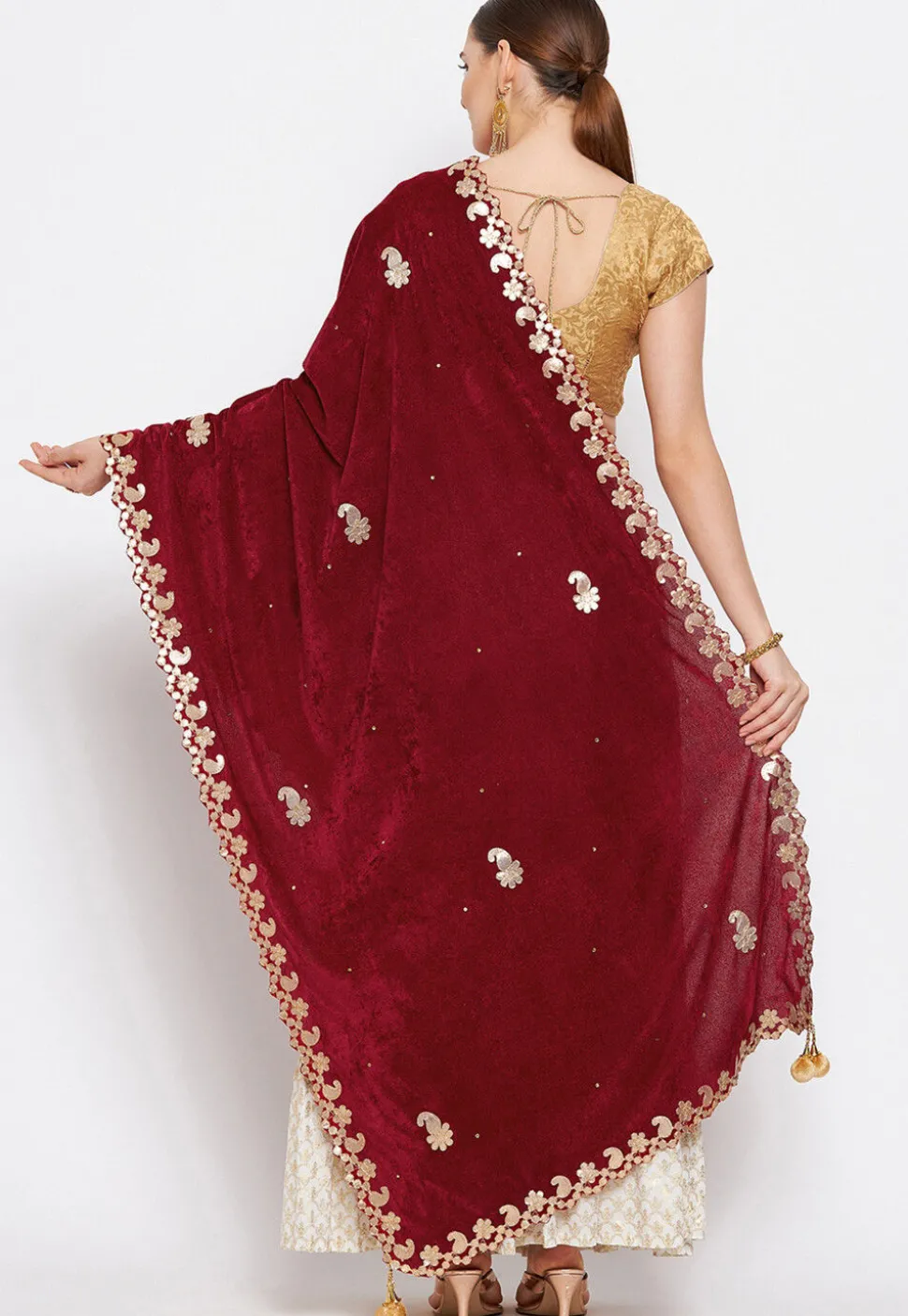 Embroidered Velvet Dupatta in Maroon