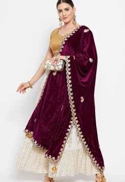 Embroidered Velvet Dupatta in Violet