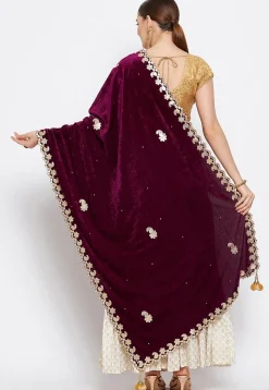 Embroidered Velvet Dupatta in Violet