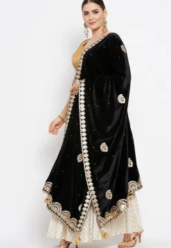 Embroidered Velvet Dupatta in Black
