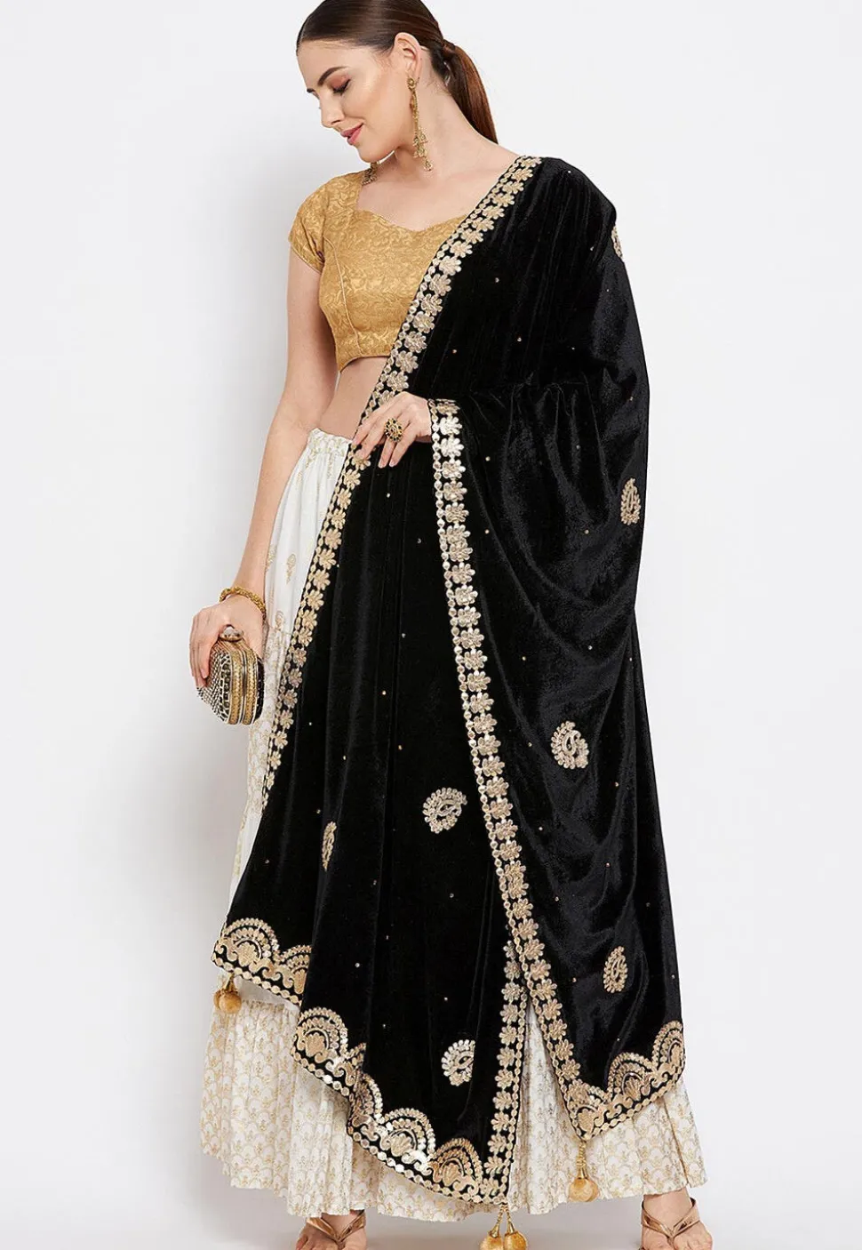 Embroidered Velvet Dupatta in Black