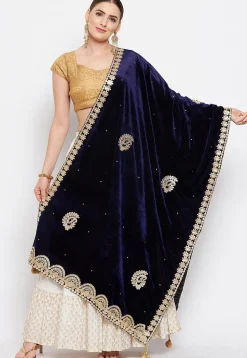 Embroidered Velvet Dupatta in Navy Blue