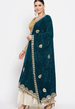 Embroidered Velvet Dupatta in Dark Teal Blue