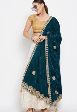 Embroidered Velvet Dupatta in Dark Teal Blue