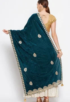 Embroidered Velvet Dupatta in Dark Teal Blue