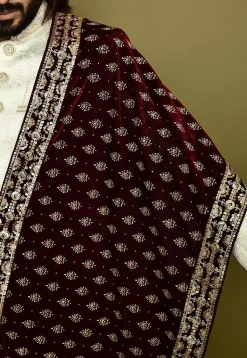 Embroidered Velvet Dupatta in Maroon
