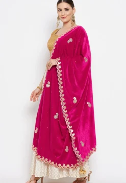 Embroidered Velvet Dupatta in Fuchsia