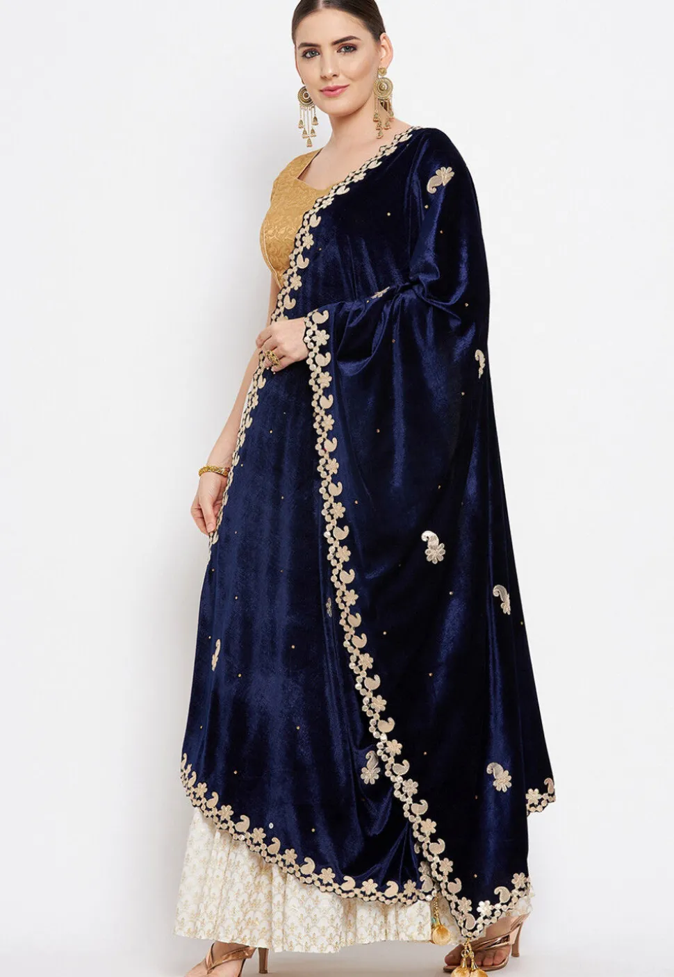 Embroidered Velvet Dupatta in Navy Blue