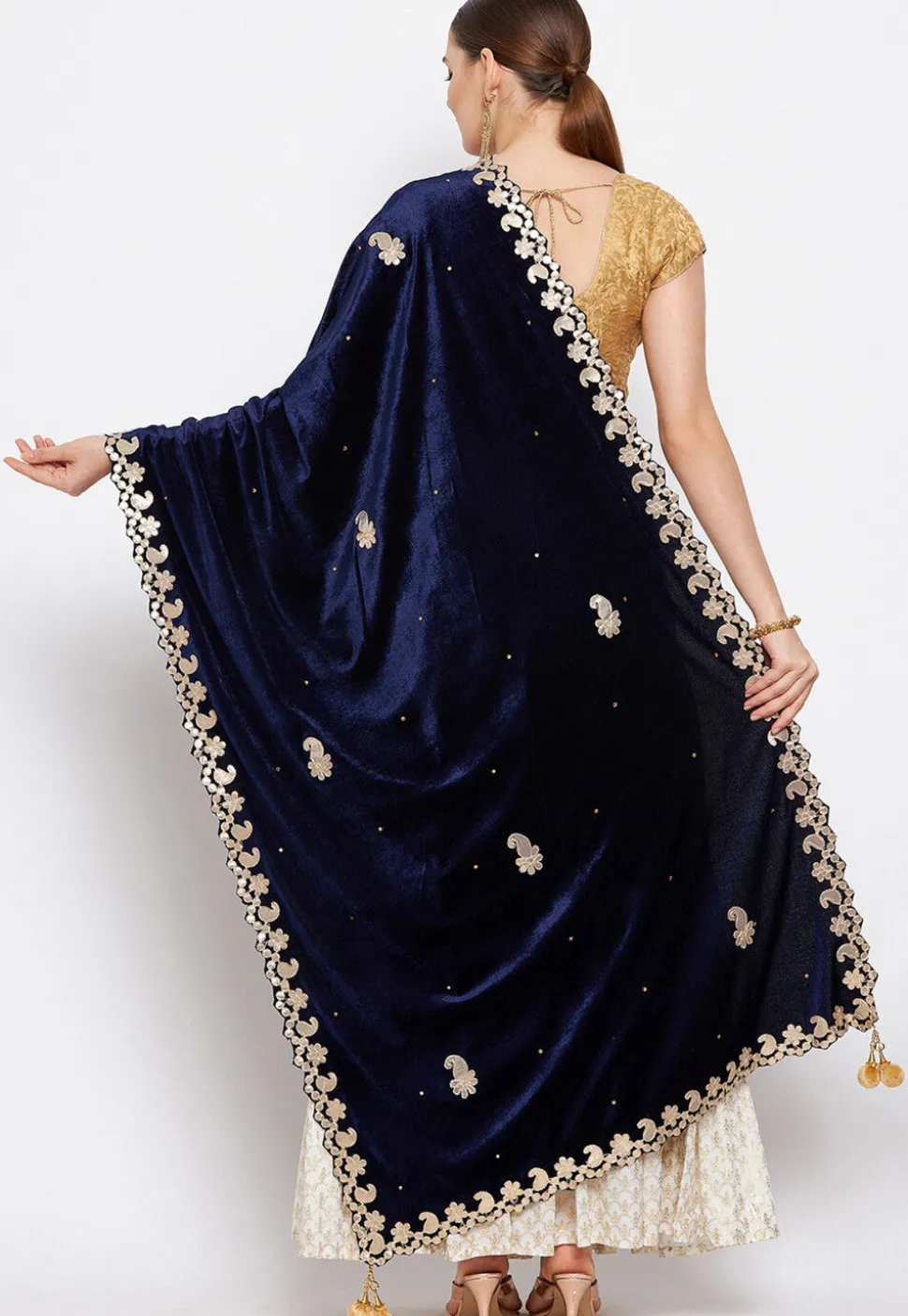 Embroidered Velvet Dupatta in Navy Blue