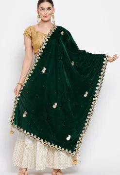 Embroidered Velvet Dupatta in Dark Green