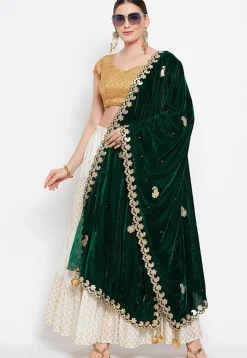 Embroidered Velvet Dupatta in Dark Green