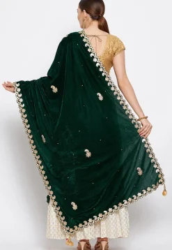 Embroidered Velvet Dupatta in Dark Green