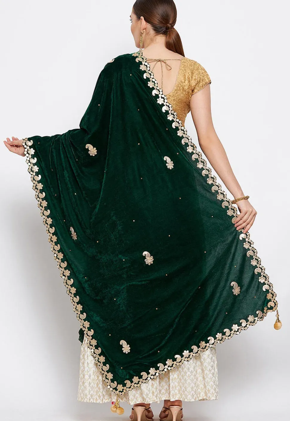 Embroidered Velvet Dupatta in Dark Green