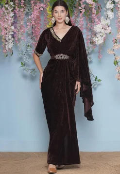 Embroidered Velvet Gown in Brown