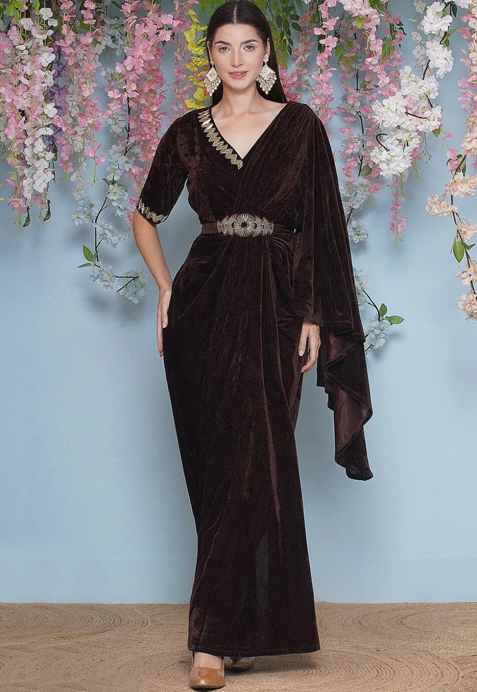 Embroidered Velvet Gown in Brown
