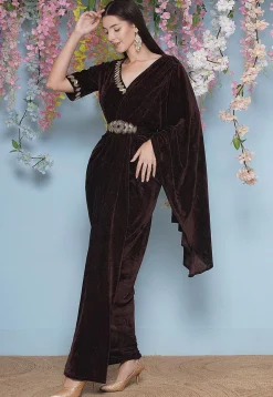 Embroidered Velvet Gown in Brown