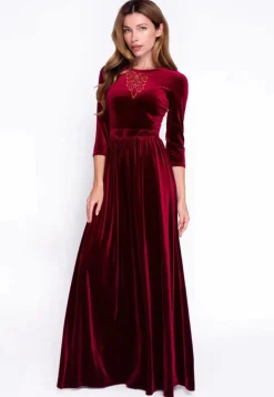 Embroidered Velvet Gown in Maroon