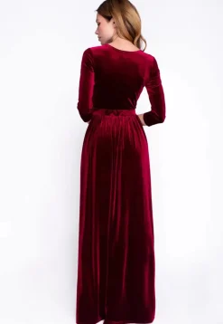 Embroidered Velvet Gown in Maroon