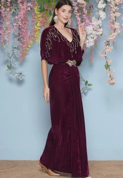 Embroidered Velvet Gown in Wine