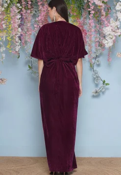 Embroidered Velvet Gown in Wine