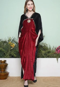 Embroidered Velvet Gown in Black and Maroon