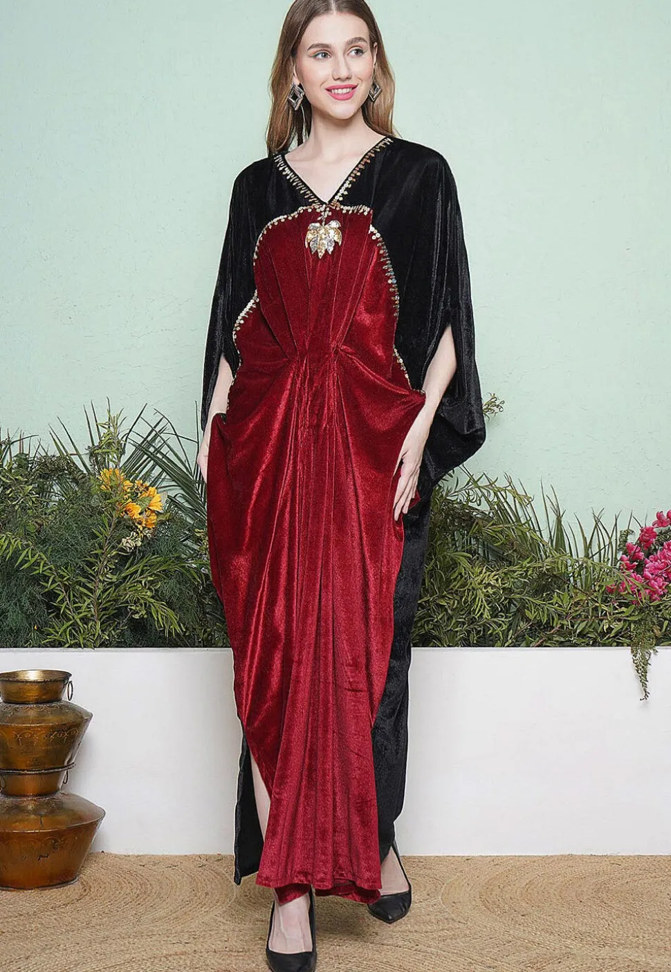 Embroidered Velvet Gown in Black and Maroon
