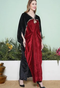 Embroidered Velvet Gown in Black and Maroon