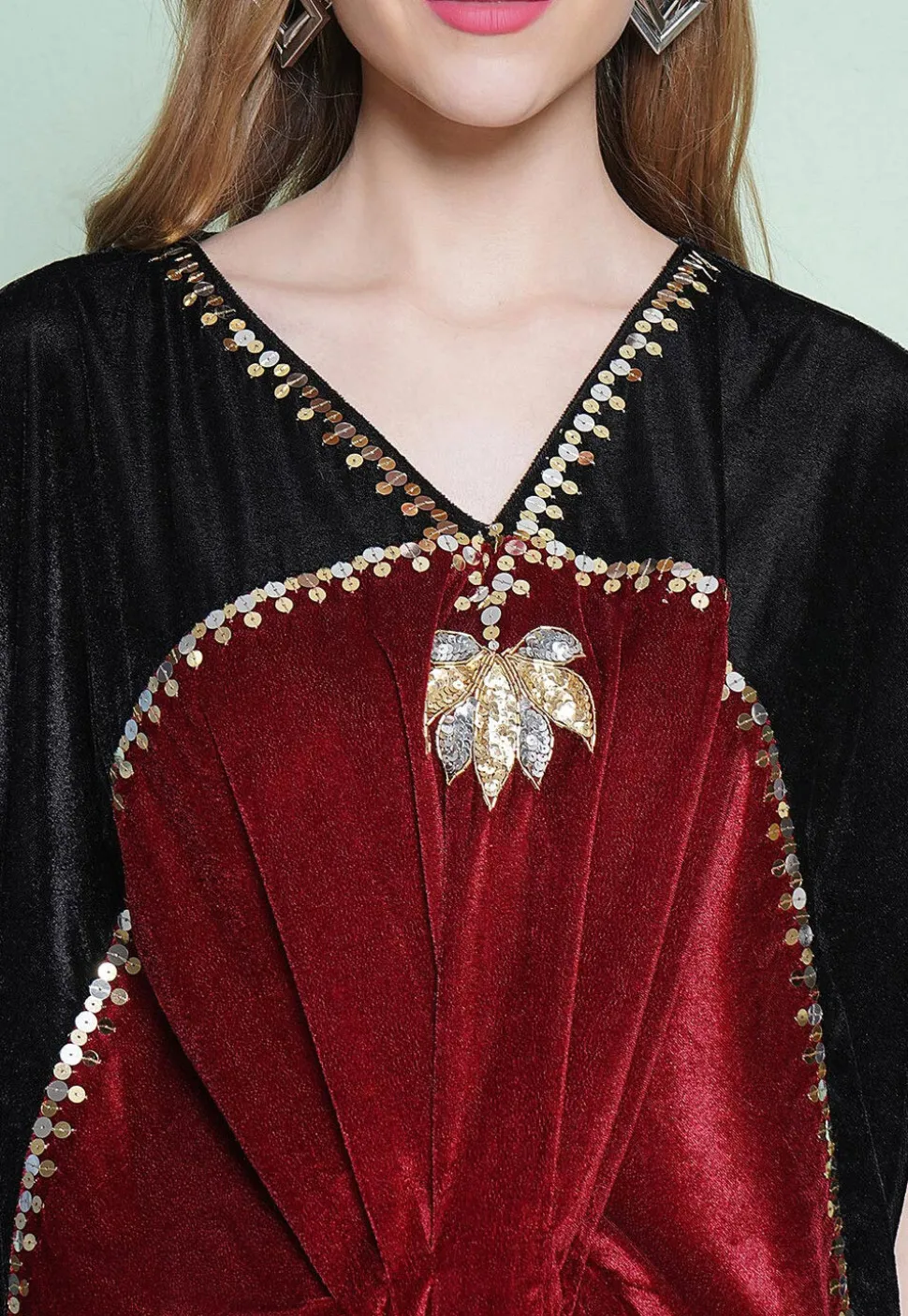 Embroidered Velvet Gown in Black and Maroon