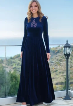 Embroidered Velvet Gown in Royal Blue