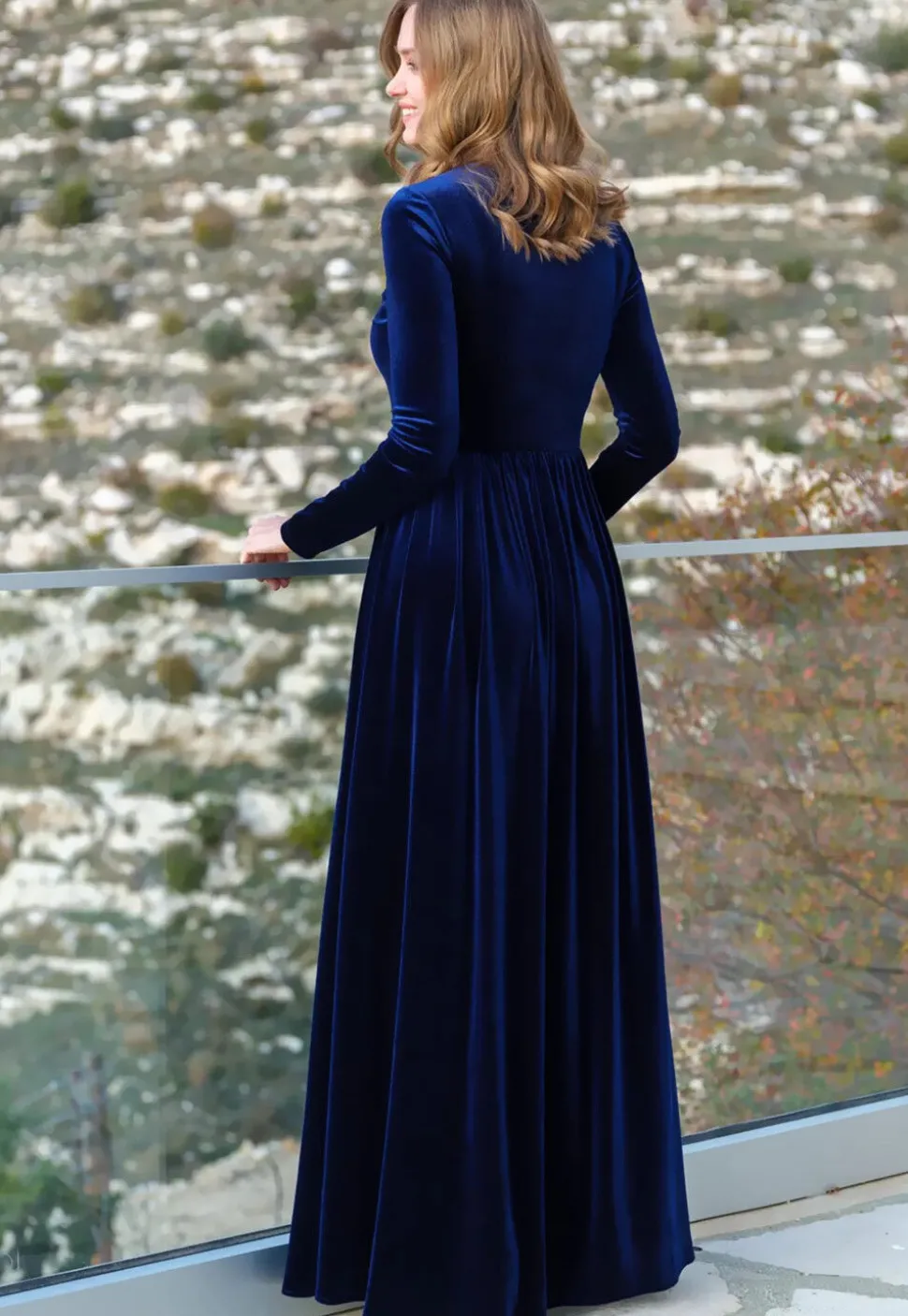 Embroidered Velvet Gown in Royal Blue