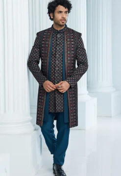 Embroidered Velvet Jacket Style Sherwani in Teal Blue