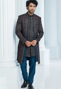 Embroidered Velvet Jacket Style Sherwani in Teal Blue