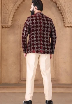Embroidered Velvet Jodhpuri Suit in Maroon