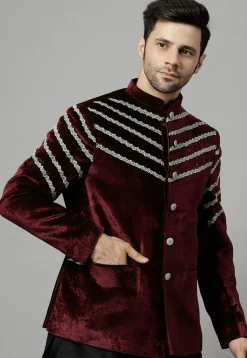 Embroidered Velvet Jodhpuri Jacket in Wine
