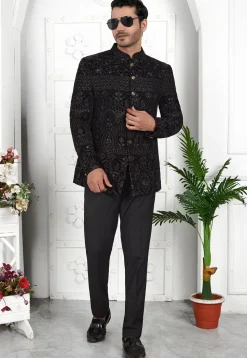 Embroidered Velvet Jodhpuri Jacket in Black