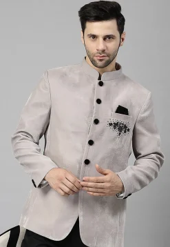 Embroidered Velvet Jodhpuri Jacket in Light Grey