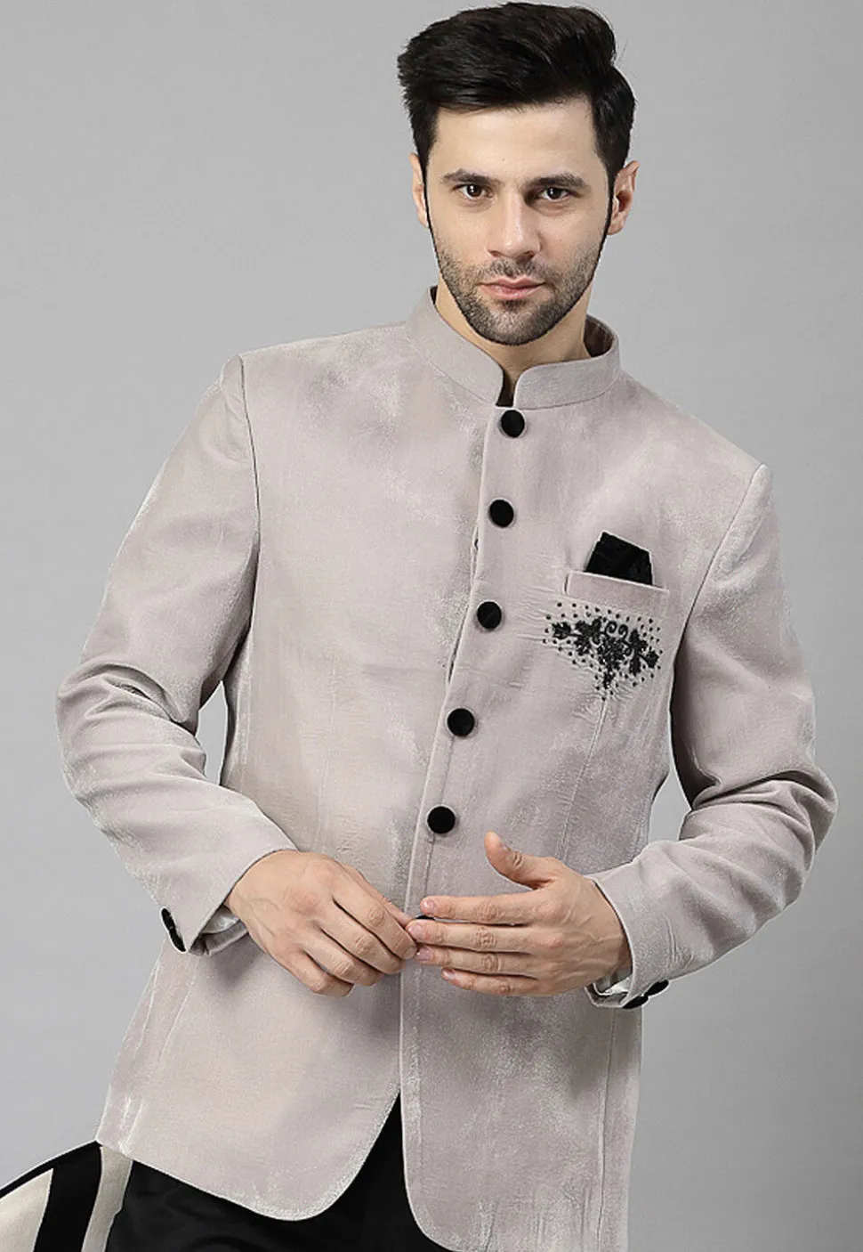 Embroidered Velvet Jodhpuri Jacket in Light Grey