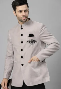 Embroidered Velvet Jodhpuri Jacket in Light Grey