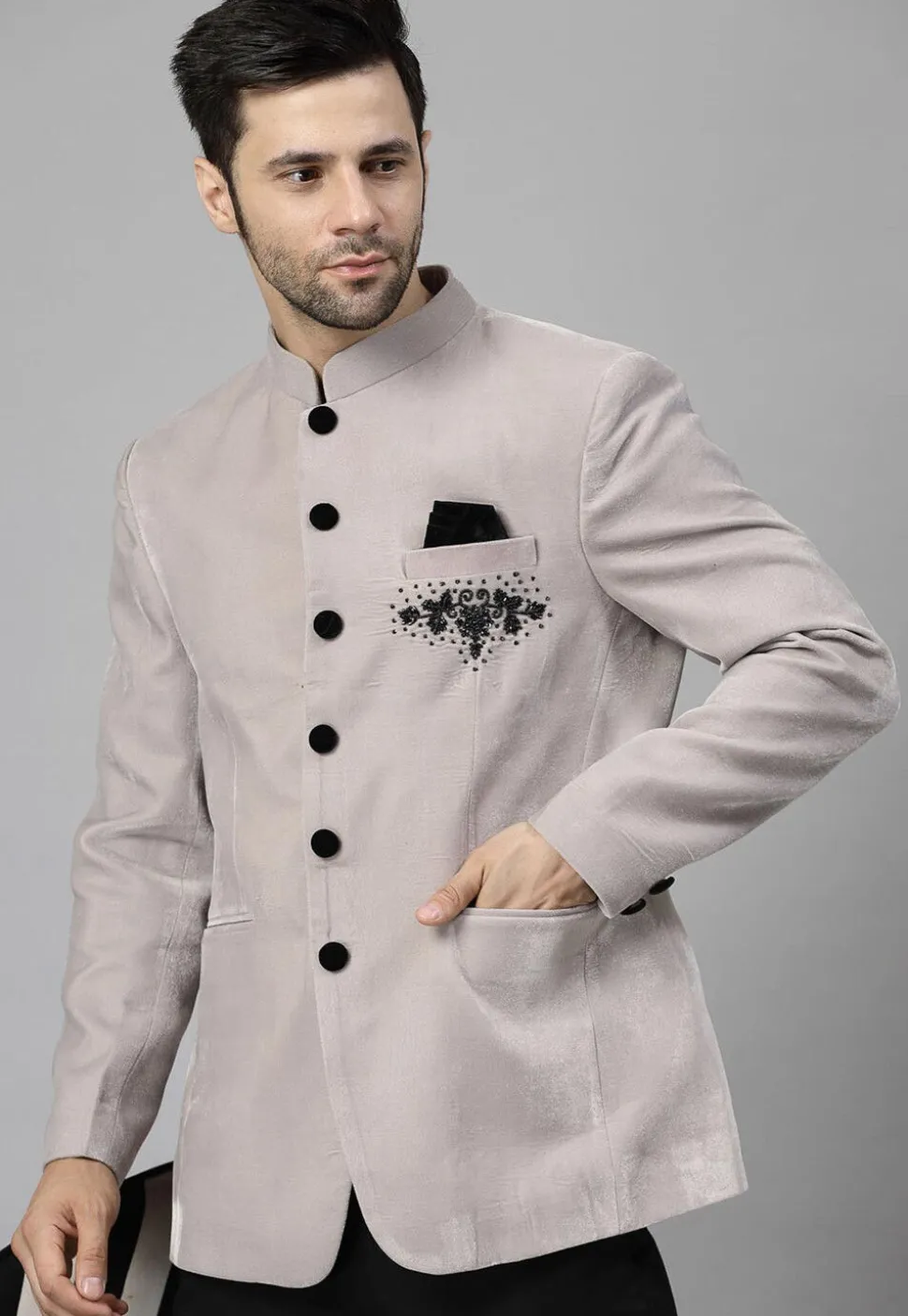 Embroidered Velvet Jodhpuri Jacket in Light Grey
