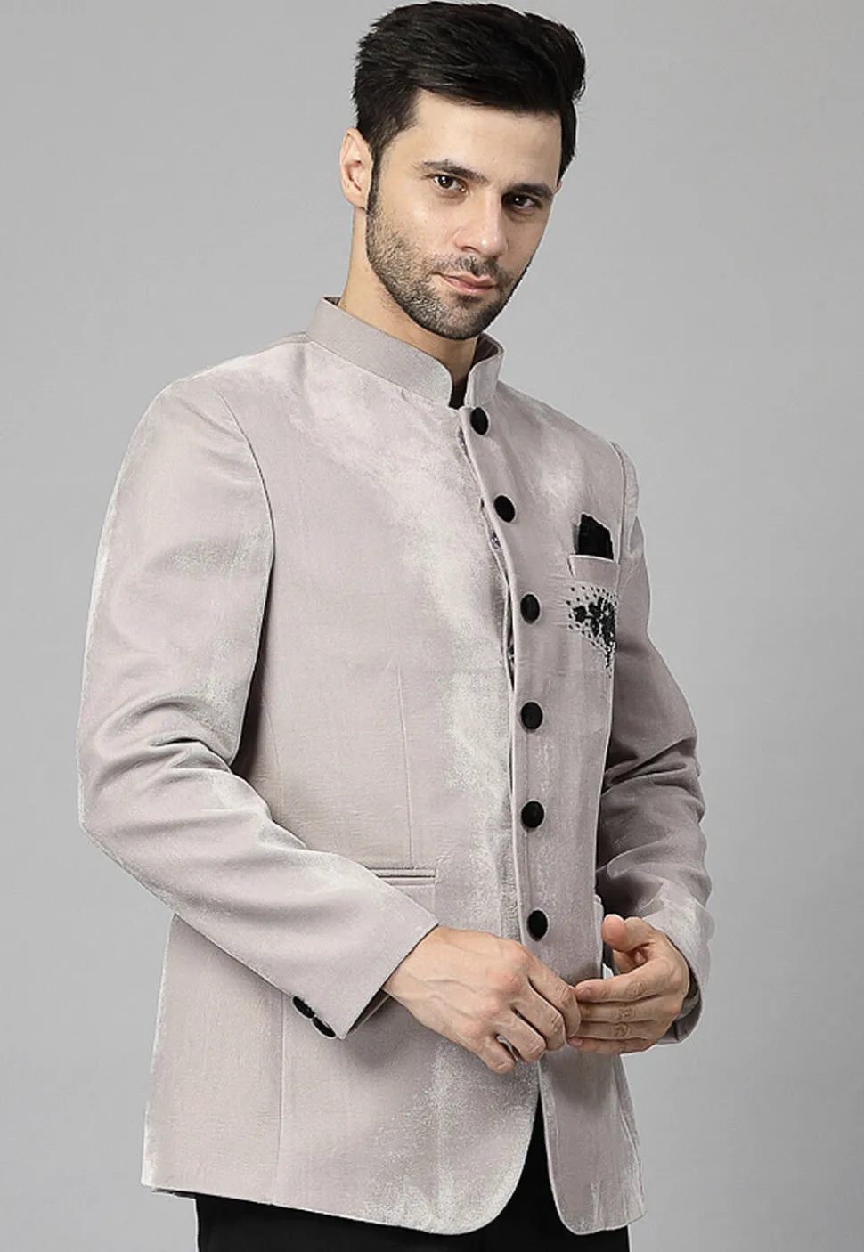 Embroidered Velvet Jodhpuri Jacket in Light Grey