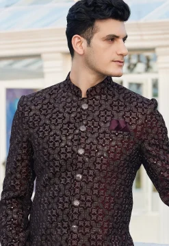 Embroidered Velvet Jodhpuri Suit in Wine