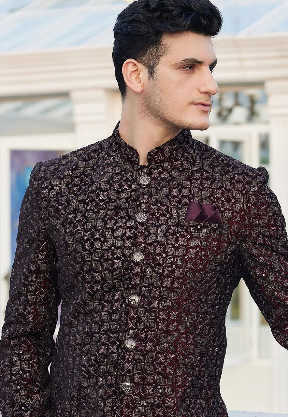 Embroidered Velvet Jodhpuri Suit in Wine