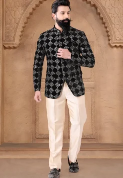 Embroidered Velvet Jodhpuri Suit in Black
