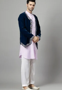 Embroidered Velvet Jodhpuri Suit in Navy Blue and Light Purple
