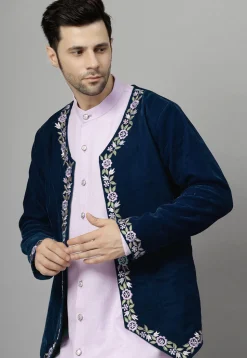 Embroidered Velvet Jodhpuri Suit in Navy Blue and Light Purple