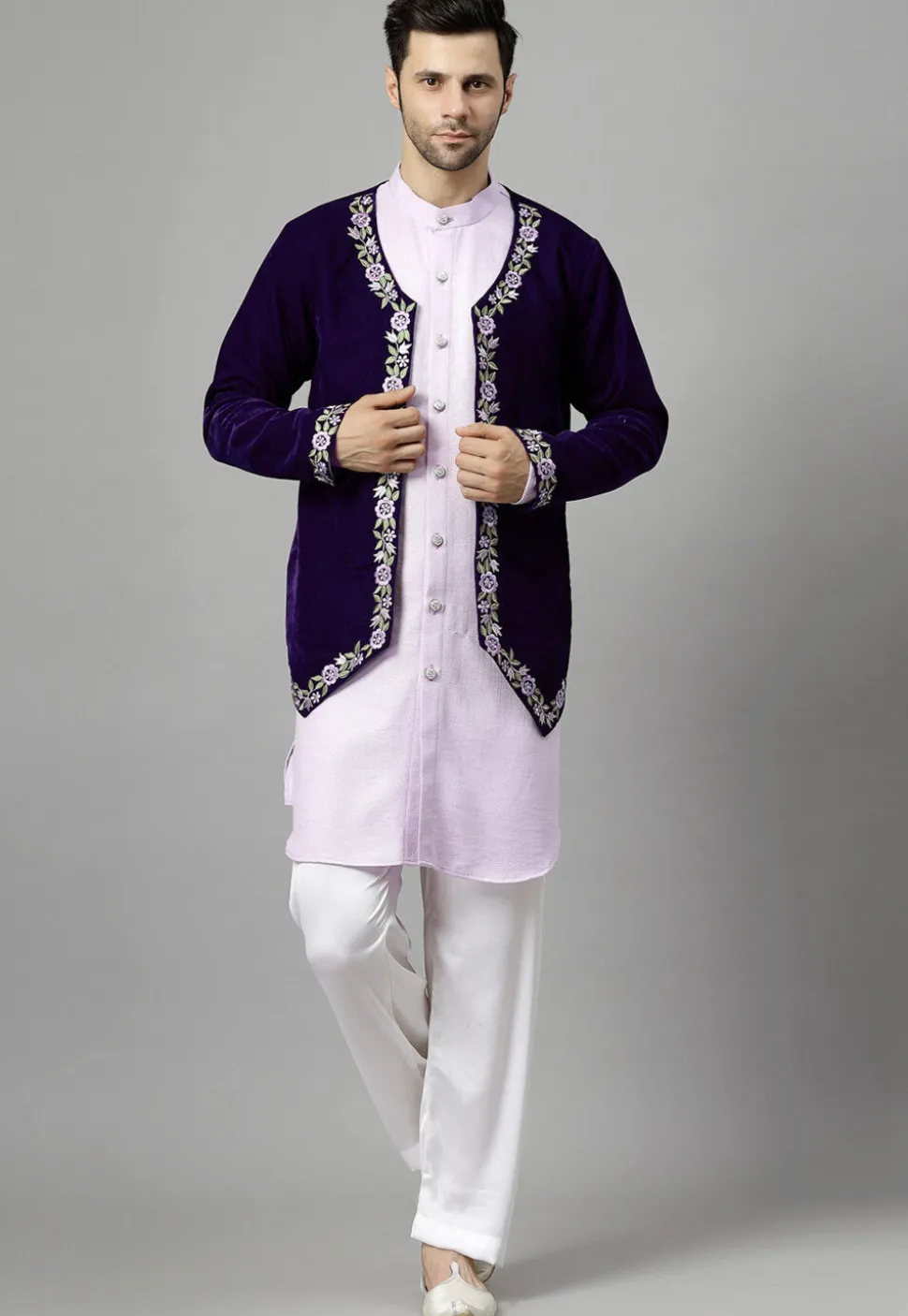 Embroidered Velvet Jodhpuri Suit in Dark Purple and Light Purple
