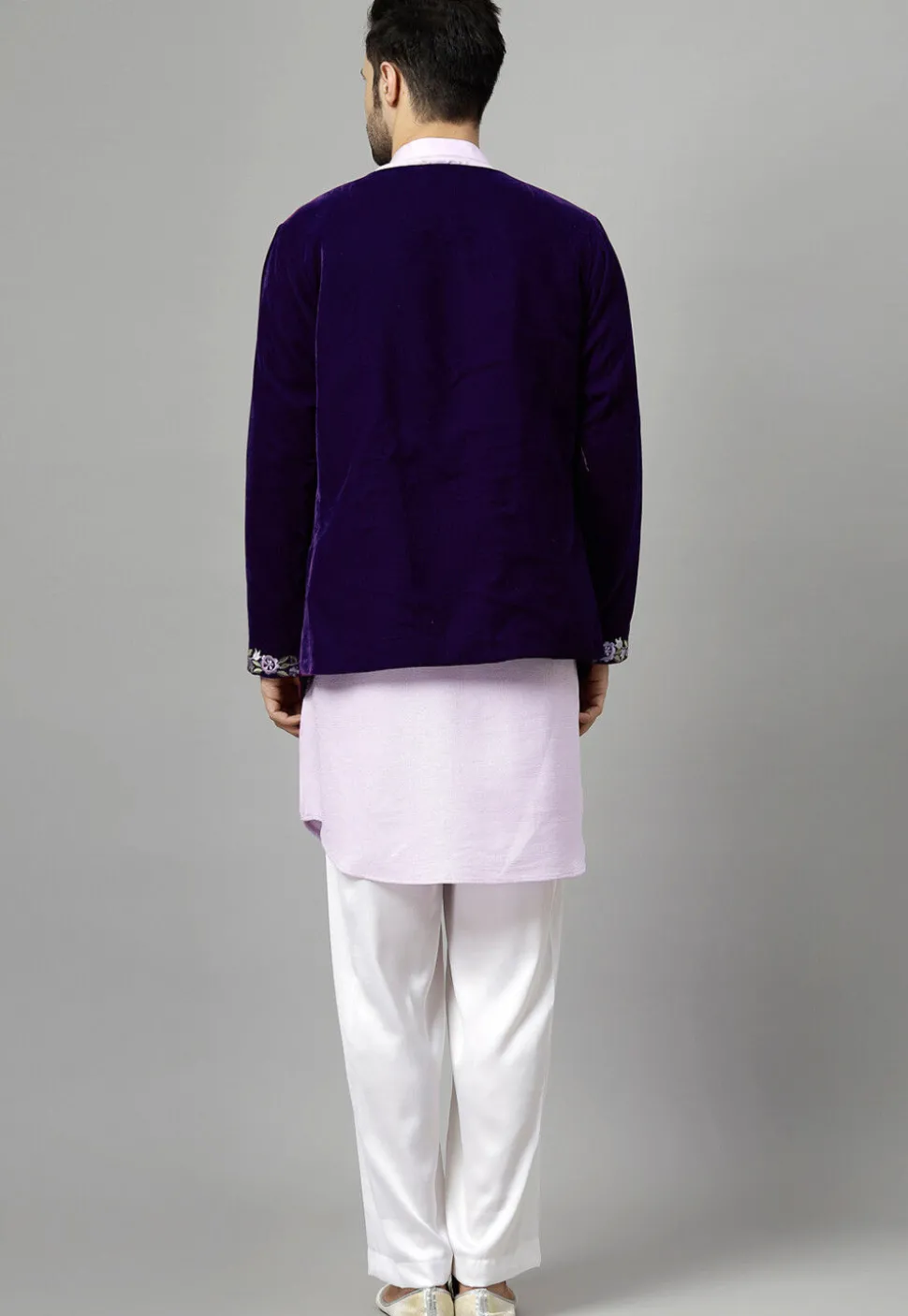 Embroidered Velvet Jodhpuri Suit in Dark Purple and Light Purple
