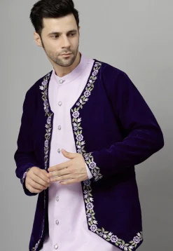 Embroidered Velvet Jodhpuri Suit in Dark Purple and Light Purple